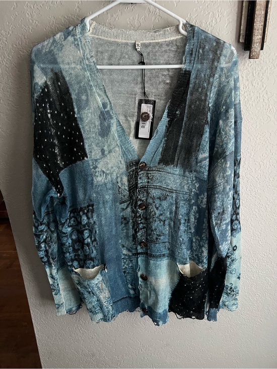 R13 Tops - R13 blue multi bandana-print linen cardigan with distressing and a patchwork.
